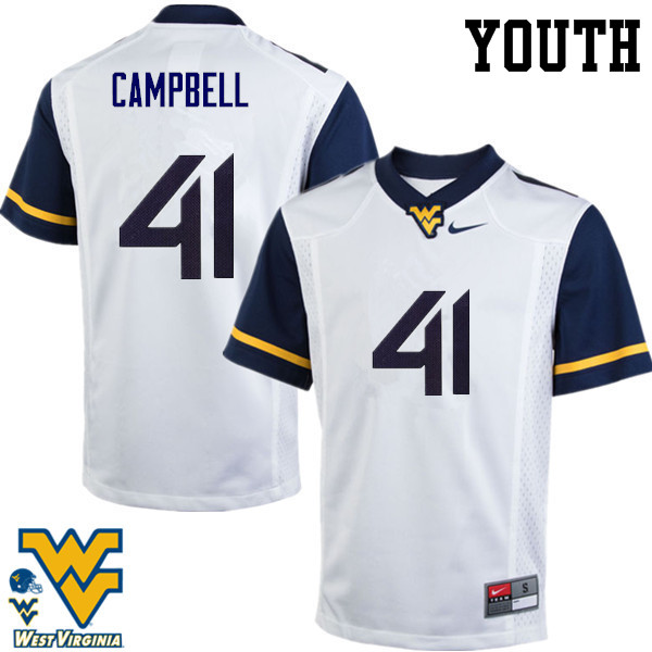 Youth #41 Jonah Campbell West Virginia Mountaineers College Football Jerseys-White - Click Image to Close